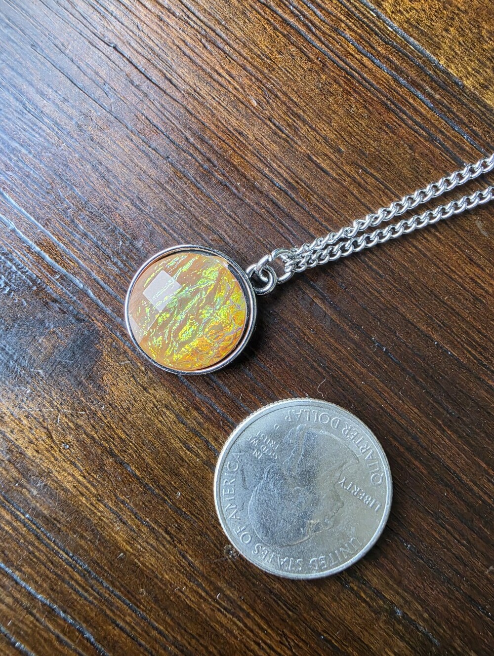 Stainless Steel Chain Necklace with Faceted Faux Fire Opal Pendant - Picture 4 of 4